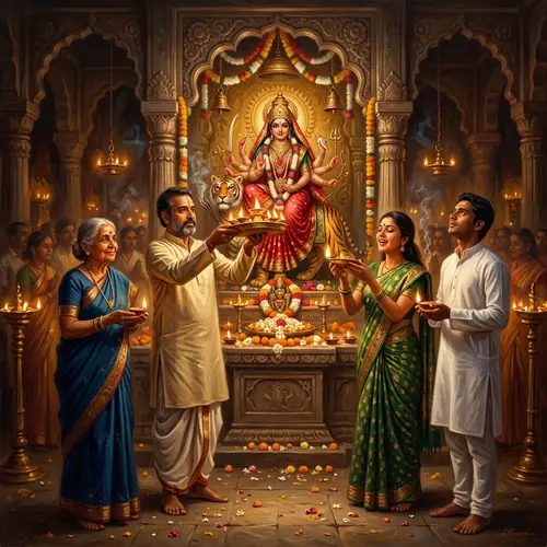 Traditional Indian Aarti Ritual with Devout Participants and Goddess Ambaji Statue