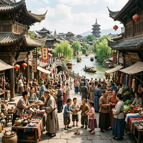 Ancient Chinese Civilization: Traditional Architecture and Daily Life Scenes