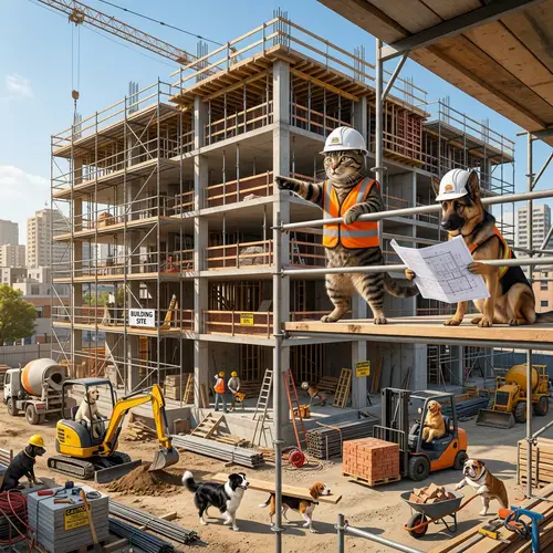 5-Story Building Construction with Cat Supervisor and Dog Crew