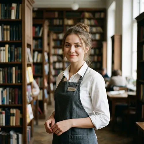 Elegant Slavic Waitress in Cozy Library