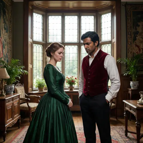 Victorian Mansion Interior with Stylish South Asian Man and Sad Caucasian Woman