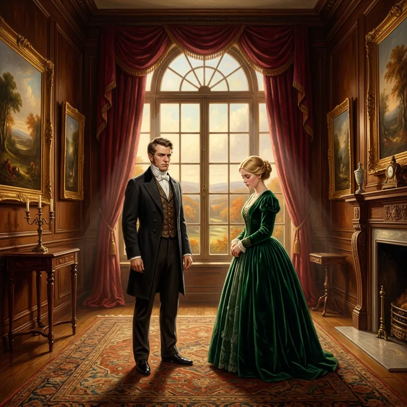 Victorian Lovers in Mansion Interior, Detailed Artistic Illustration