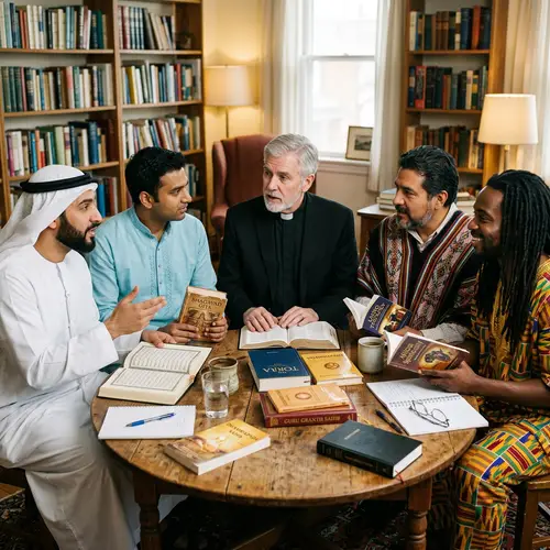 Diverse Men Religious Discussion at Table