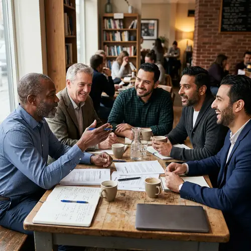 Diverse Men Engaged in Productive Discussion at Table