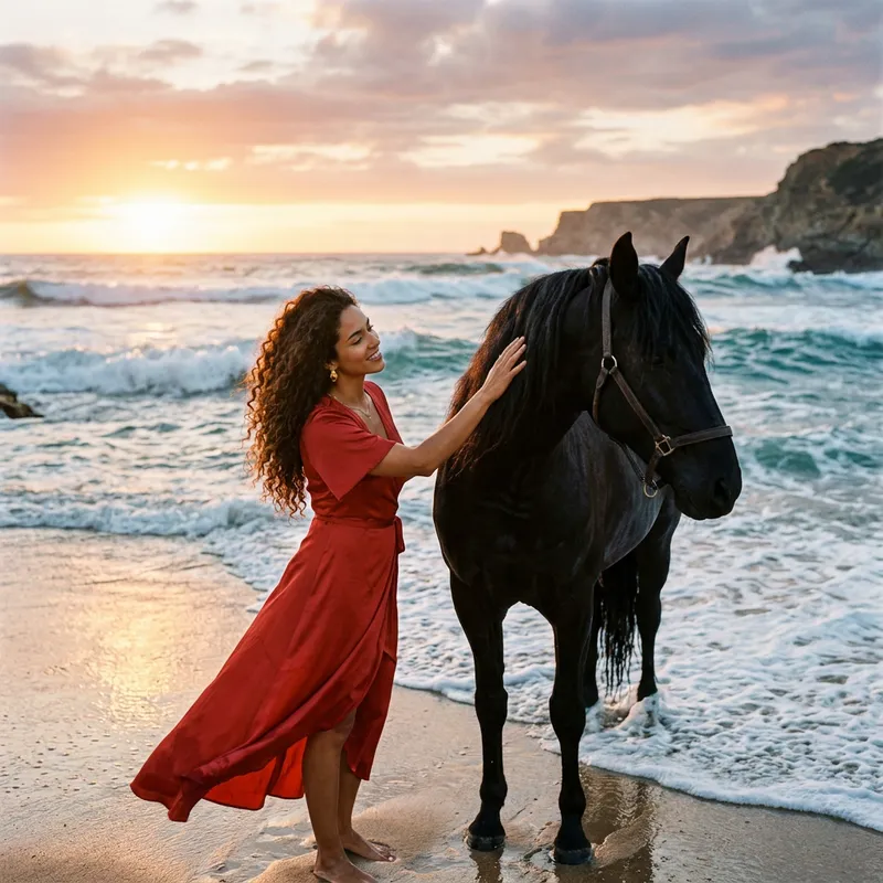 Alluring Woman in Red Dress Petting Majestic Horse by Ocean Waves