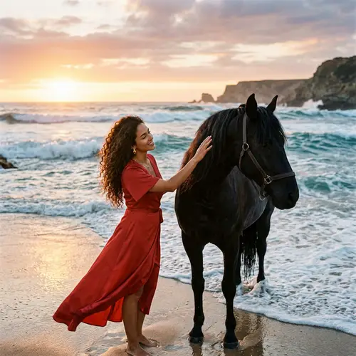 Alluring Hispanic Woman in Red Dress with Majestic Horse on Beach