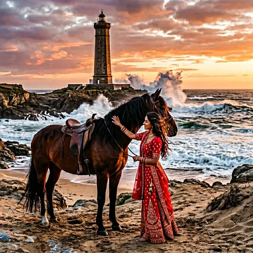 South Asian Woman in Red Stroking Majestic Horse by Lighthouse