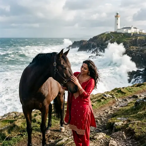 Captivating South Asian Woman Petting Majestic Horse by Ocean Waves