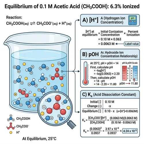 0.1M Acetic Acid Solution: 6.3% Ionized - [H+], pOH, Ka Concepts