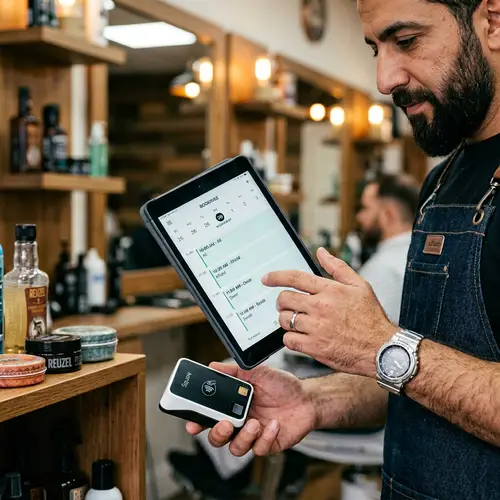 Middle-Eastern Barber Expertly Using Tablet for Scheduling | Business Operations