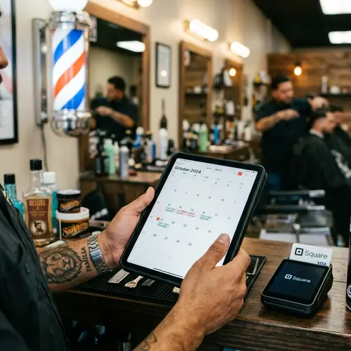 Hispanic Barber Holding Calendar on Tablet | Modern Barbershop