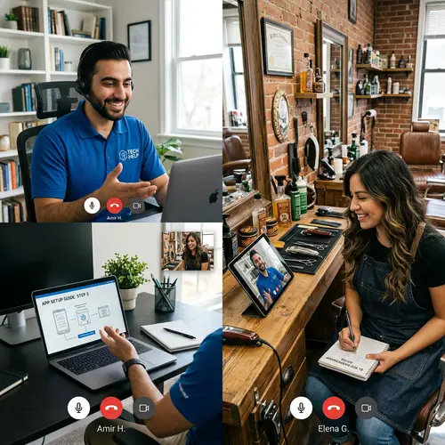 Diverse Video Call: Male Customer Service Rep Assists Female Barber