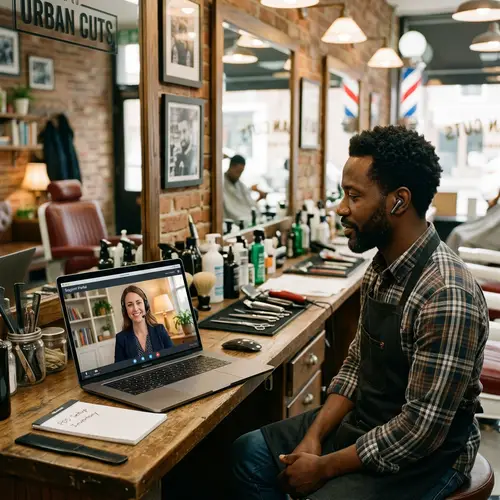 Friendly Female Support Team Helps Barber via Video Call
