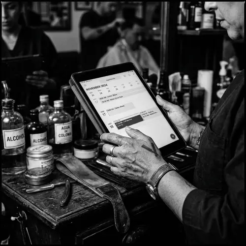 Hispanic Female Barber Crafting Time: Modern Tablet Scene