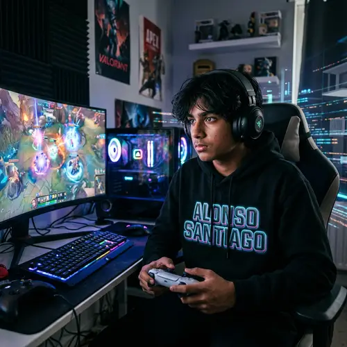 Passionate South Asian Teen in Trendy 'ALONSO SANTIAGO' Hoodie