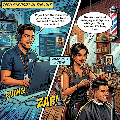Comic Book Style Hispanic Customer Service Representative and South Asian Barber