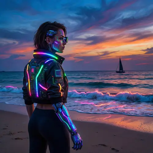 Vibrant Cybernetic Girl on Beach | Colorful AI Scene