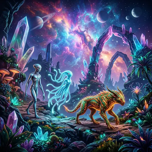 Imaginary Alien Creatures in Surreal Extraterrestrial Environment