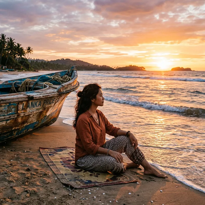 Beautiful Girl Relaxing by the Seashore at Sunset