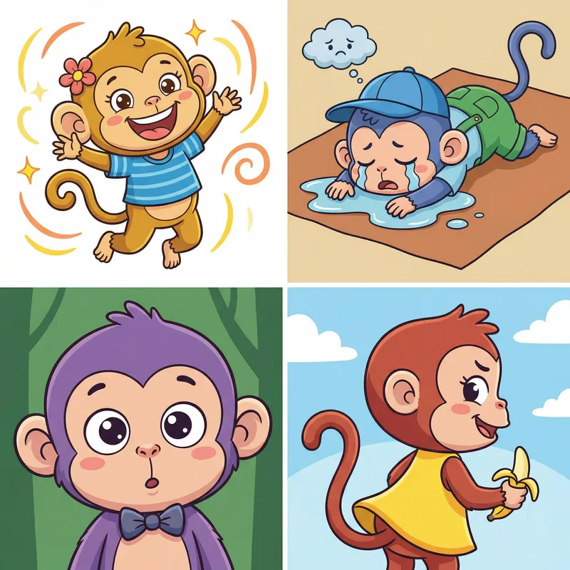 Cute Baby Monkeys 2D Art - Playful Cartoon Illustration in 4 Positions