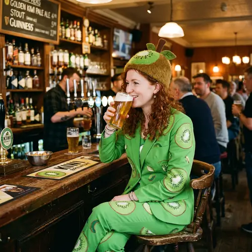 Whimsical Kiwi Suit at the Bar