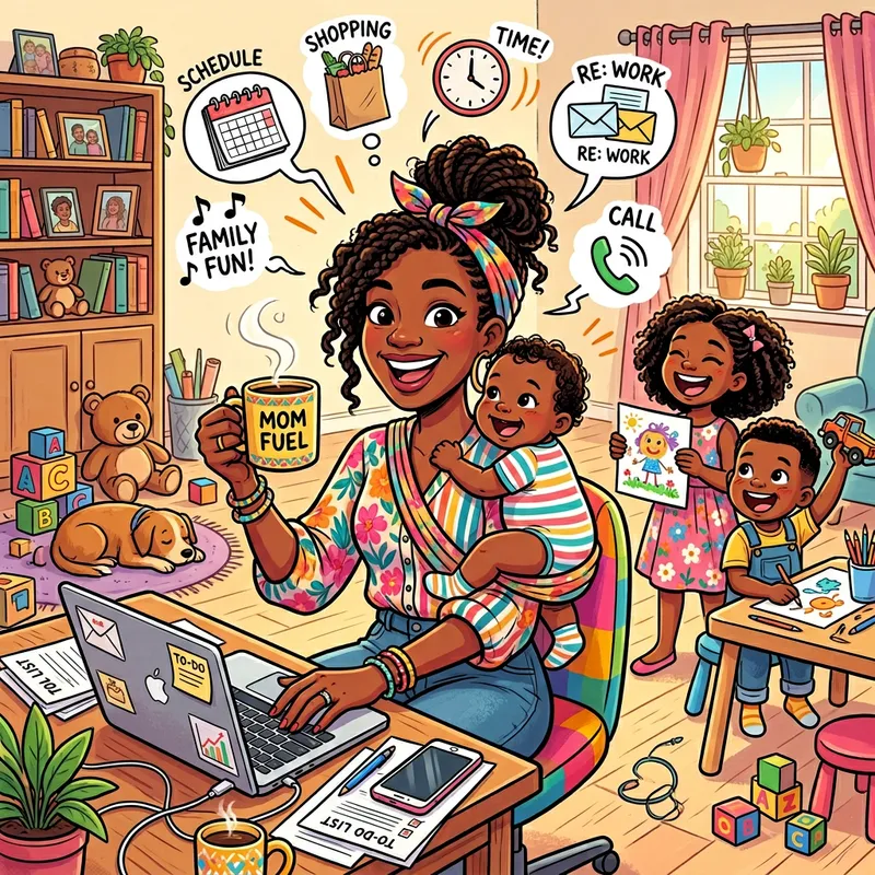 Multitasking Black Mom: A Cheerful Cartoon