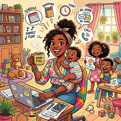 Multitasking Black Mom: A Cheerful Cartoon