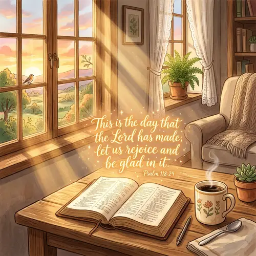 Cheerful Morning Sunrise with Bible & Coffee