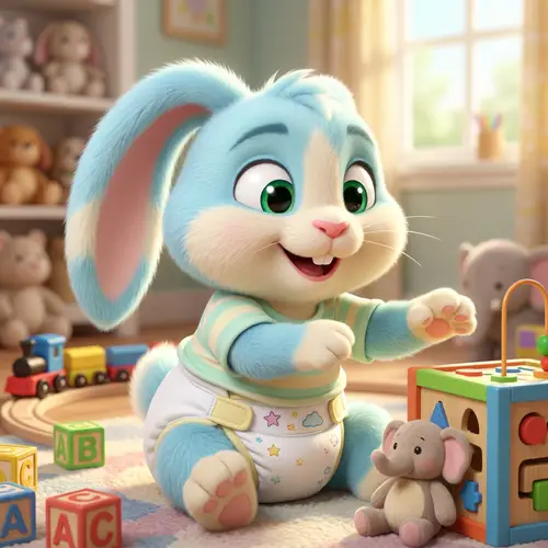 Anthropomorphic Cartoon Bunny in Vibrant Diapers