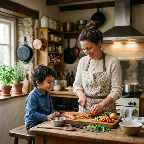 Caucasian Mother and Hispanic Son Cooking Together | Rustic Kitchen Scene