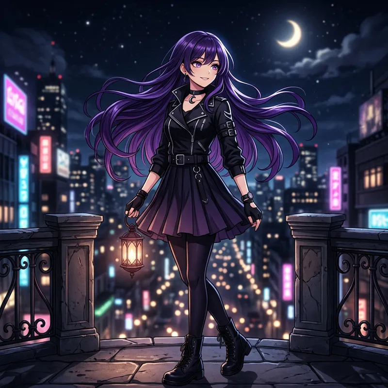 Dark Purple Hair Anime Girl on Mysterious Dark Background