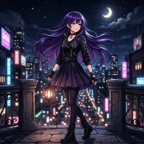 Dark Purple Hair Anime Girl in Black Outfit