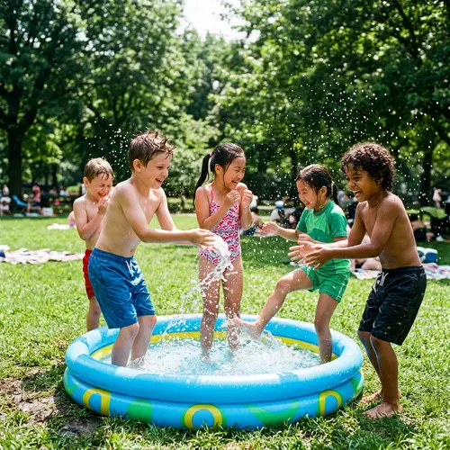 Joyful Summertime Water Play | Diverse Children Splashing in Park