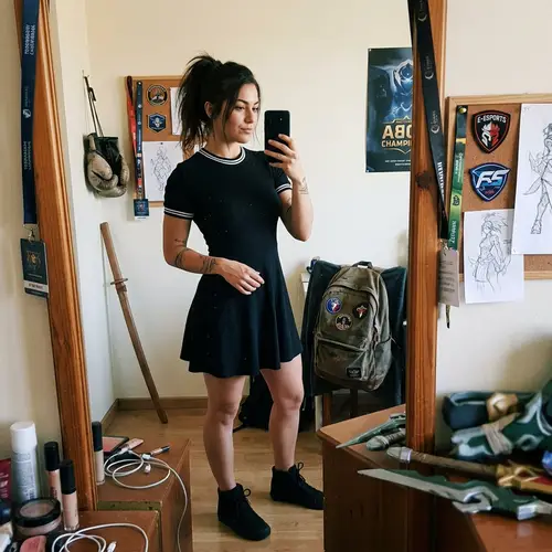 Warrior Character in Black Dress Taking Selfie - Online Battle Arena Game
