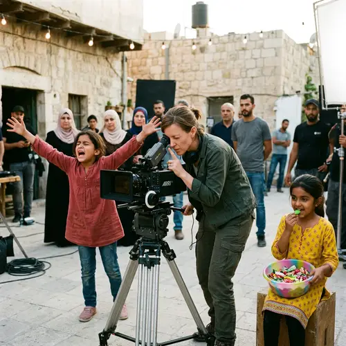 Cinematic Scene with Diverse Cast: Filming Energy and Indulgence