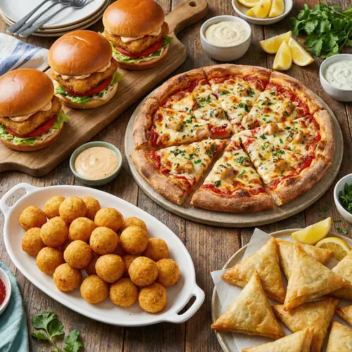 Delicious Fish Balls, Samosas, Burgers & Pizza