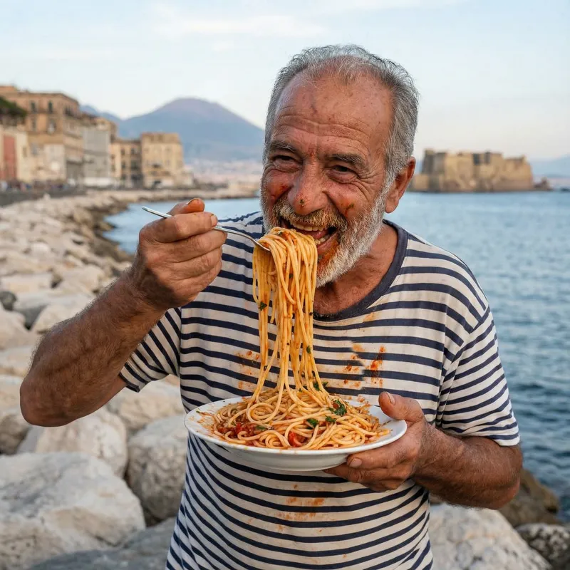 Italian Man Eating Spaghetti by the Sea