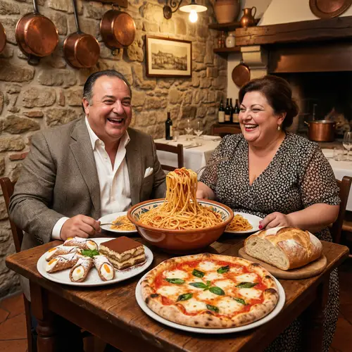 Elegant Overweight Italian Couple Indulging in Delicious Feast