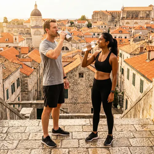 Hydrating Couple in Italian City | Healthy Lifestyle Scene