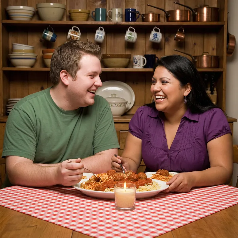 Joyful Overweight Man and Woman Eating Spaghetti | Cozy Dining Scene