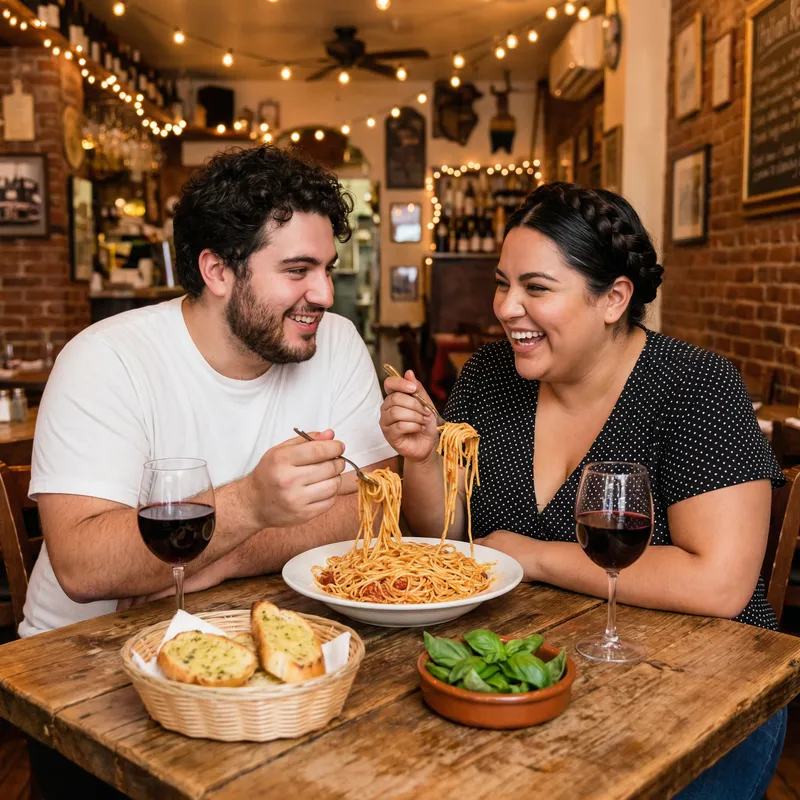 Happy Young Couple Enjoying Spaghetti Meal Together
