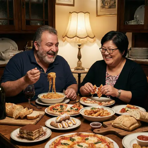 Joyful Feast with Plus Size Man and Woman - Italian and Asian Descent