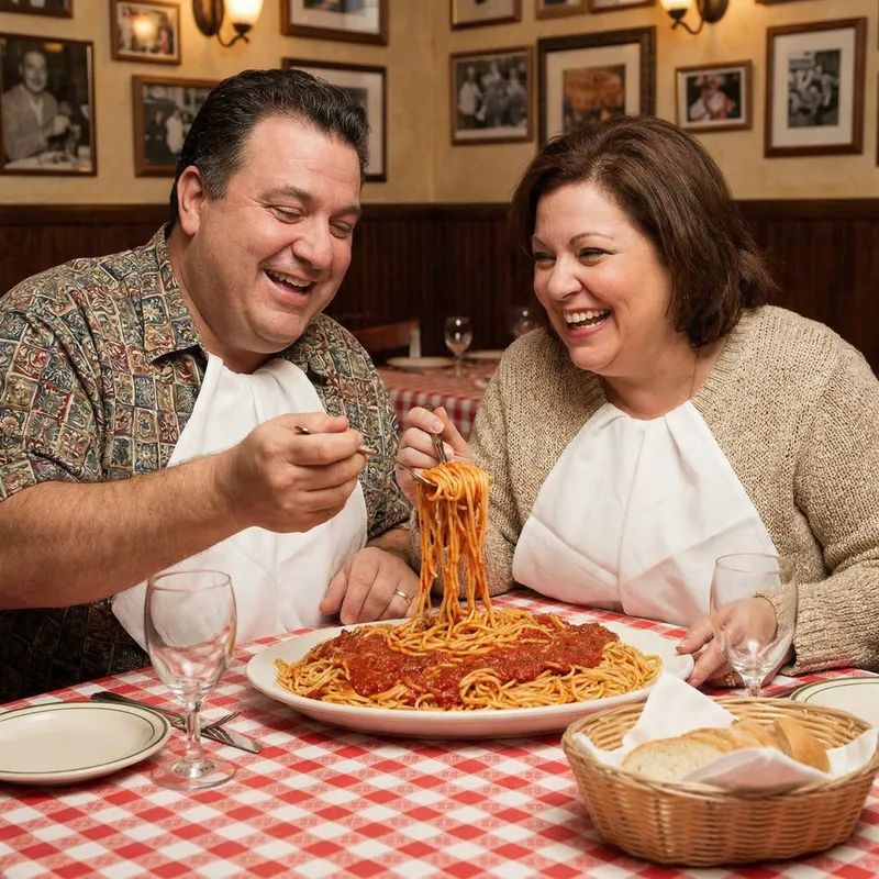 Overweight Man and Woman Eating Spaghetti Together