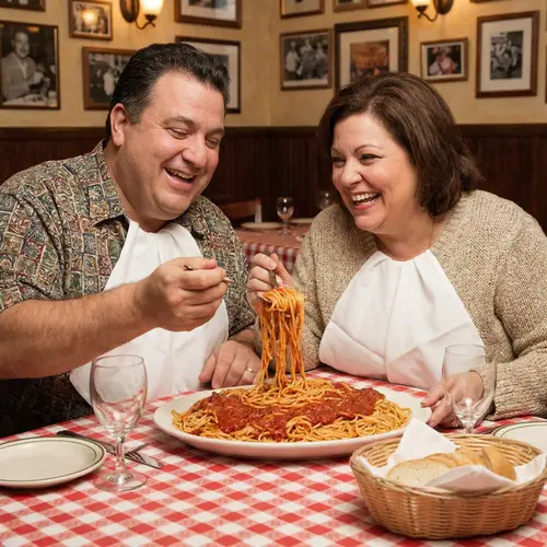 Overweight Man and Woman Enjoying Spaghetti