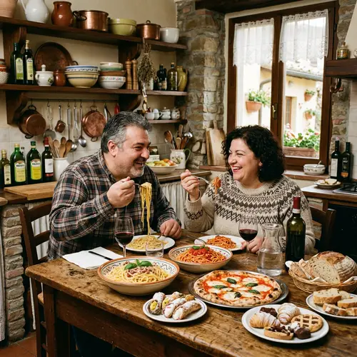 Italian Couple Enjoying Feast of Spaghetti, Pastries, Bread & Pizza