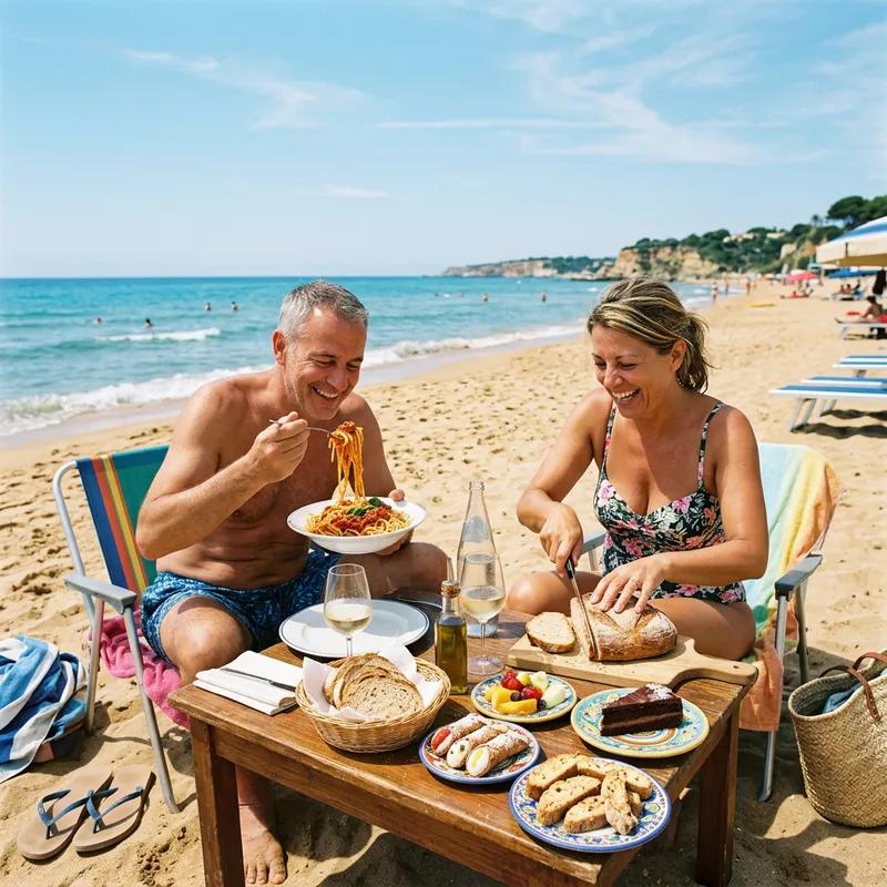 Golden Beach Dining: Middle-aged Couple Enjoy Spaghetti & Sweets