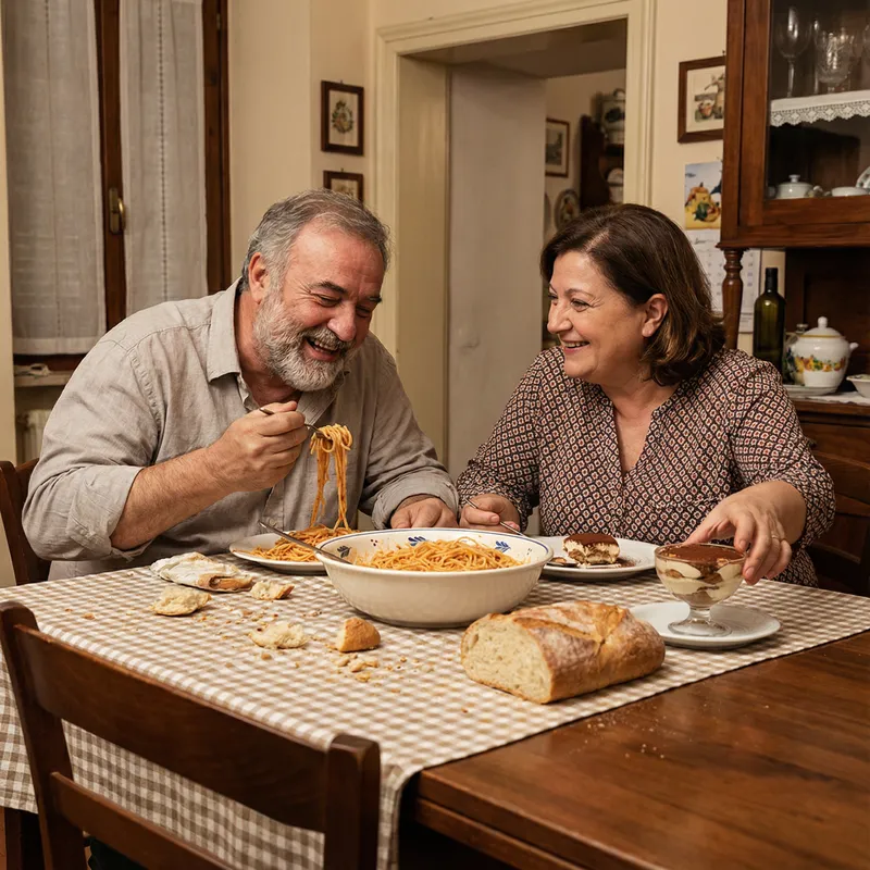 Overweight Couple Enjoying Abundant Spaghetti Meal Together Overweight Couple Enjoying Abundant Spaghetti Meal Together