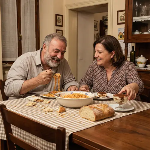Middle-aged Couple Enjoying Generous Meal Together