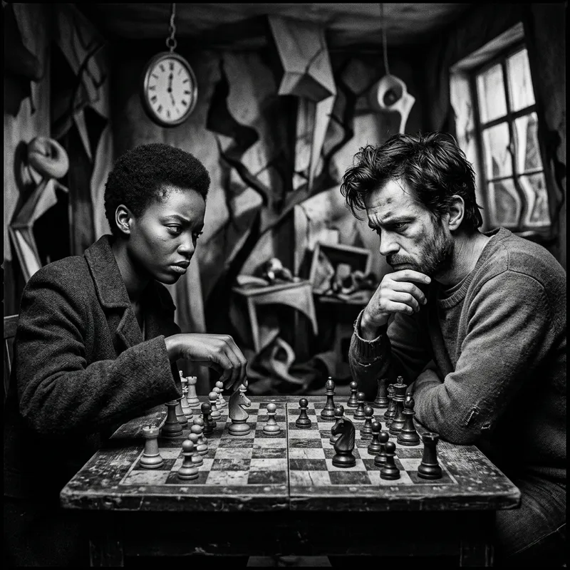 Surreal Chessboard Scene with Intense Faces | Vintage Film Aesthetic Surreal Chessboard Scene with Intense Faces | Vintage Film Aesthetic