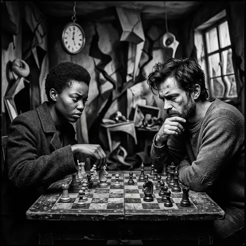 Dramatic Chessboard Scene in Surrealist Style | Vintage Aesthetic
